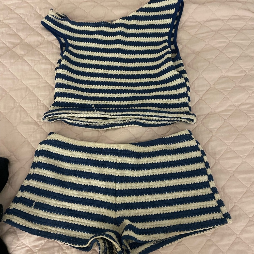 SHEIN Navy and Cream Striped Crochet Set